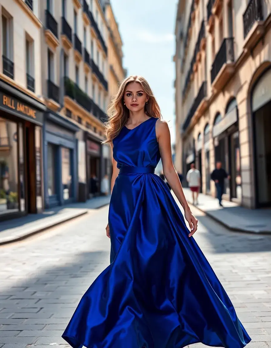 Femme élégante portant une robe bleu royal dans une rue ensoleillée