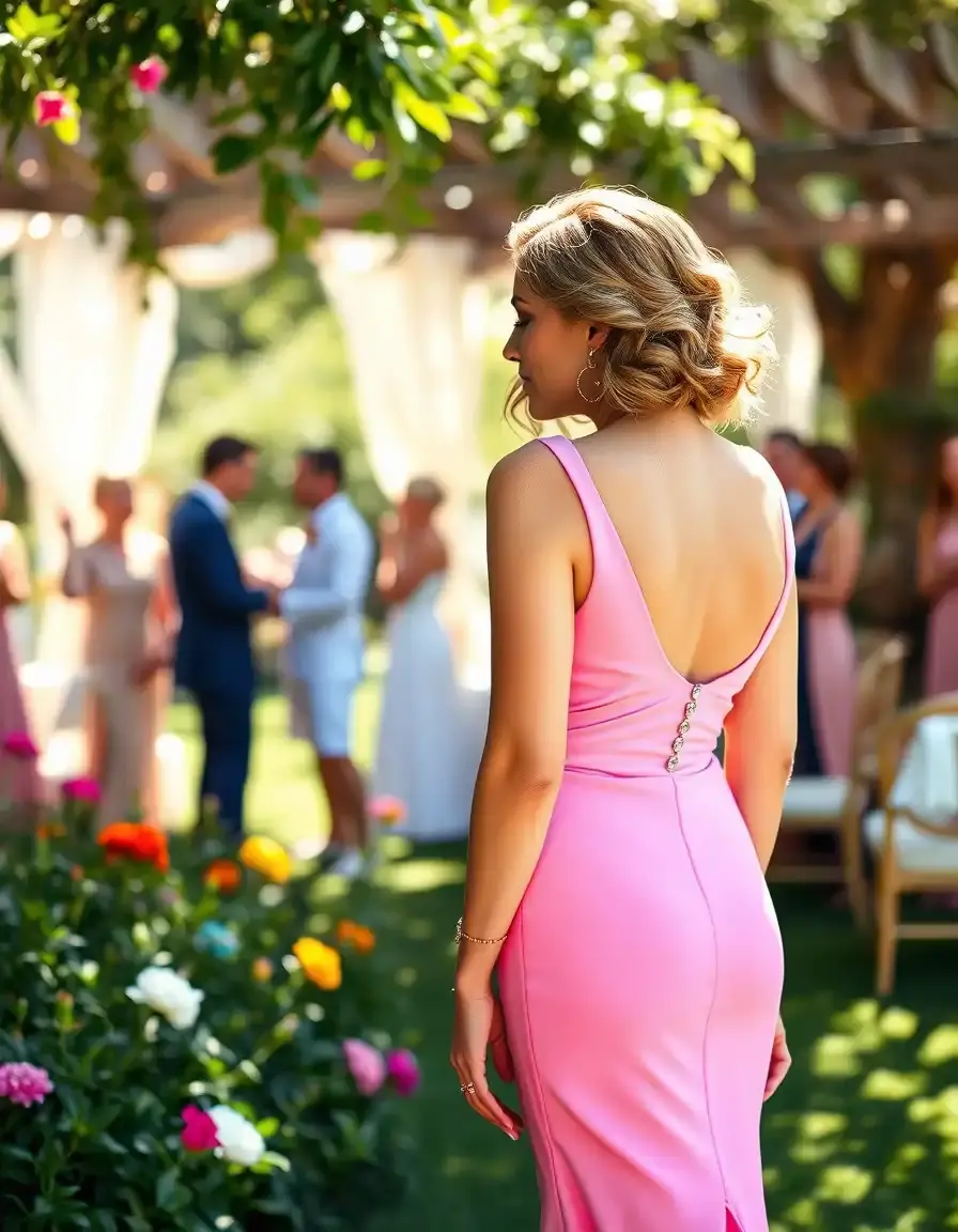 Femme élégante portant une robe cocktail mariage rose dans un jardin