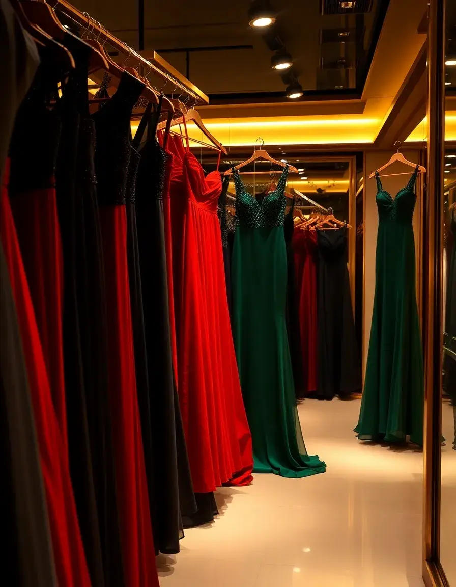 Collection de robes de soirée chic et élégantes dans une boutique de luxe