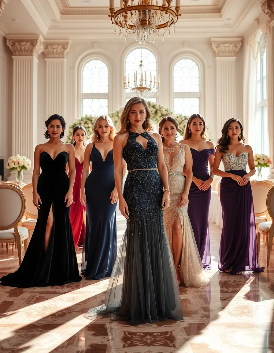 Femmes élégantes en robes de soirée mariage dans une salle de réception luxueuse.
