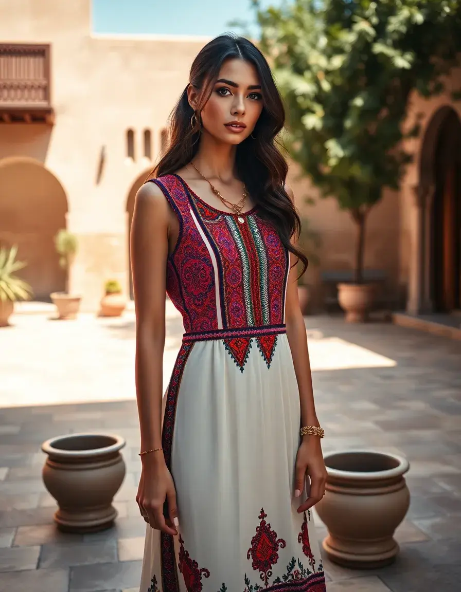 Femme portant une robe kabyle moderne aux motifs colorés