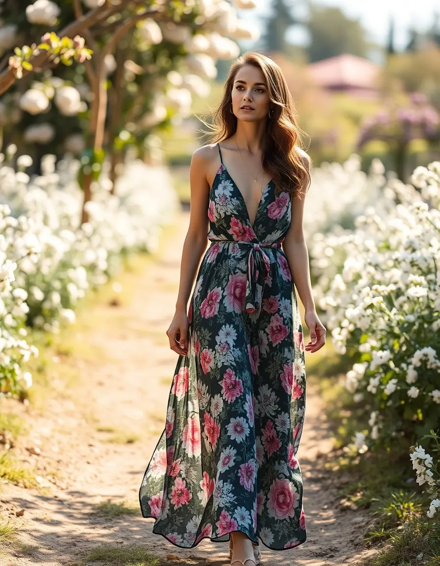 Femme portant une robe longue été fleurie dans un jardin ensoleillé style bohème