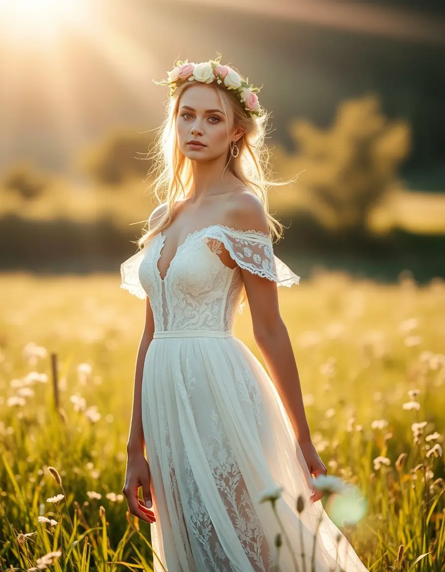 Une mariée portant une robe mariée bohème en dentelle dans un champ