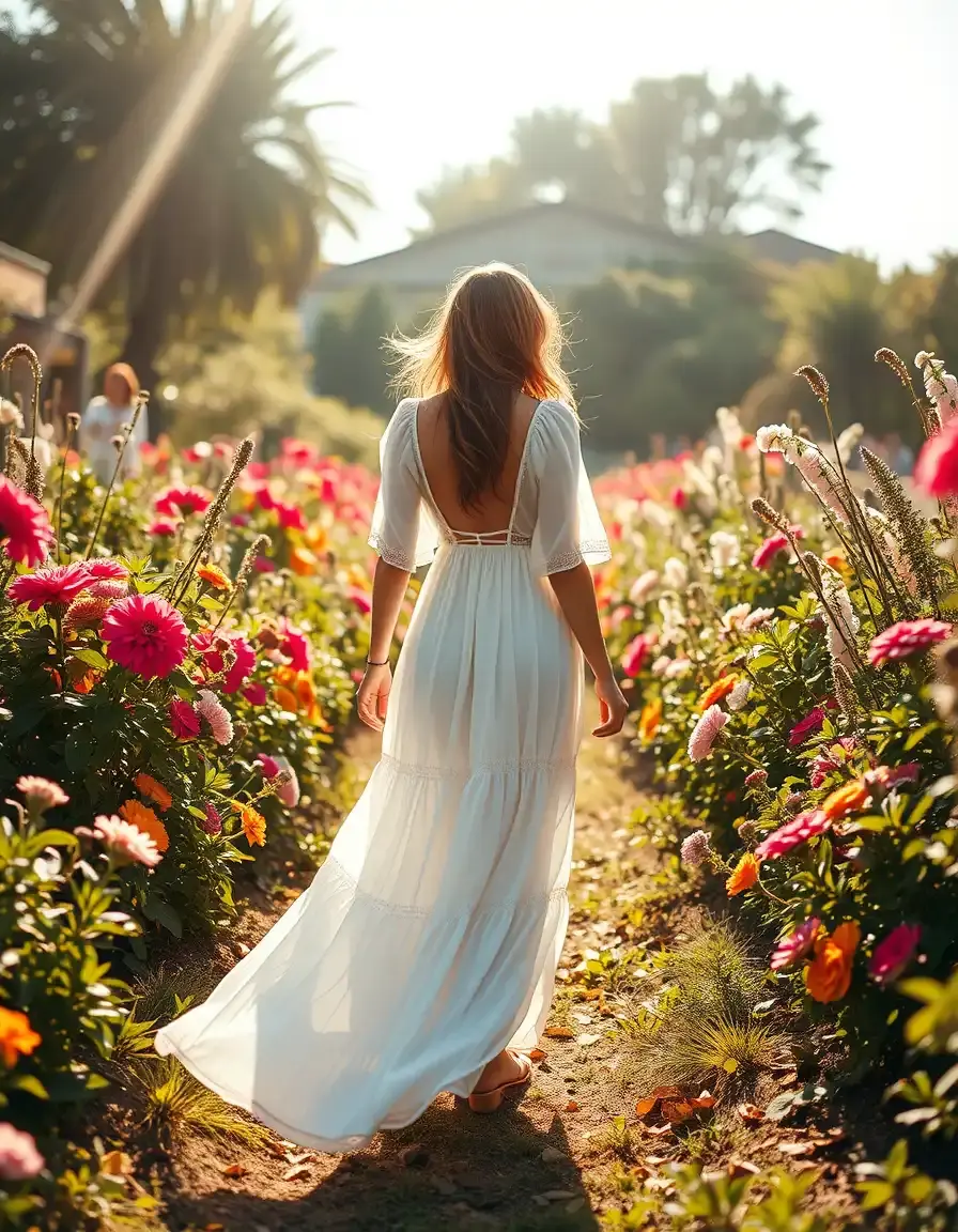 Femme portant une robe blanche longue bohème dans un jardin ensoleillé