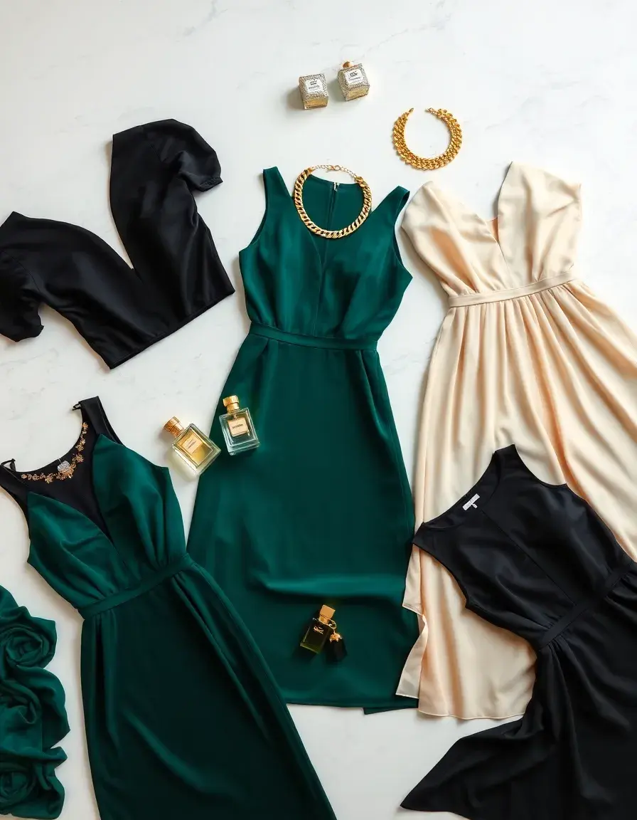 Collection de robes chics colorées avec accessoires dorés sur fond marbre