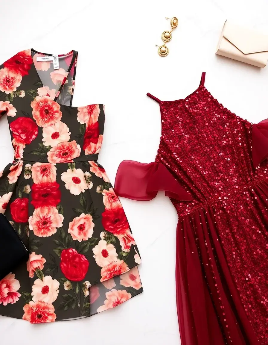 Sélection de robes courtes tendance incluant une robe florale et une robe de soirée à paillettes.
