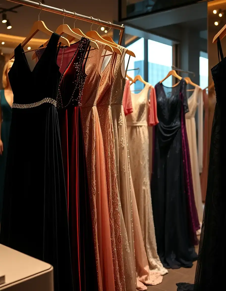Sélection élégante de robes de soirée en velours, dentelle et paillettes dans une boutique de luxe.