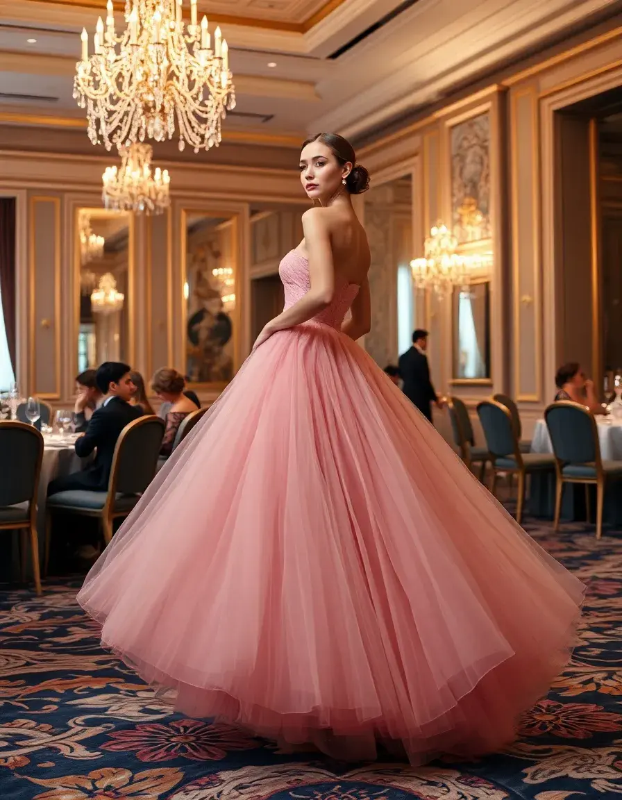 Femme élégante en robe de bal rose dans un grand salon