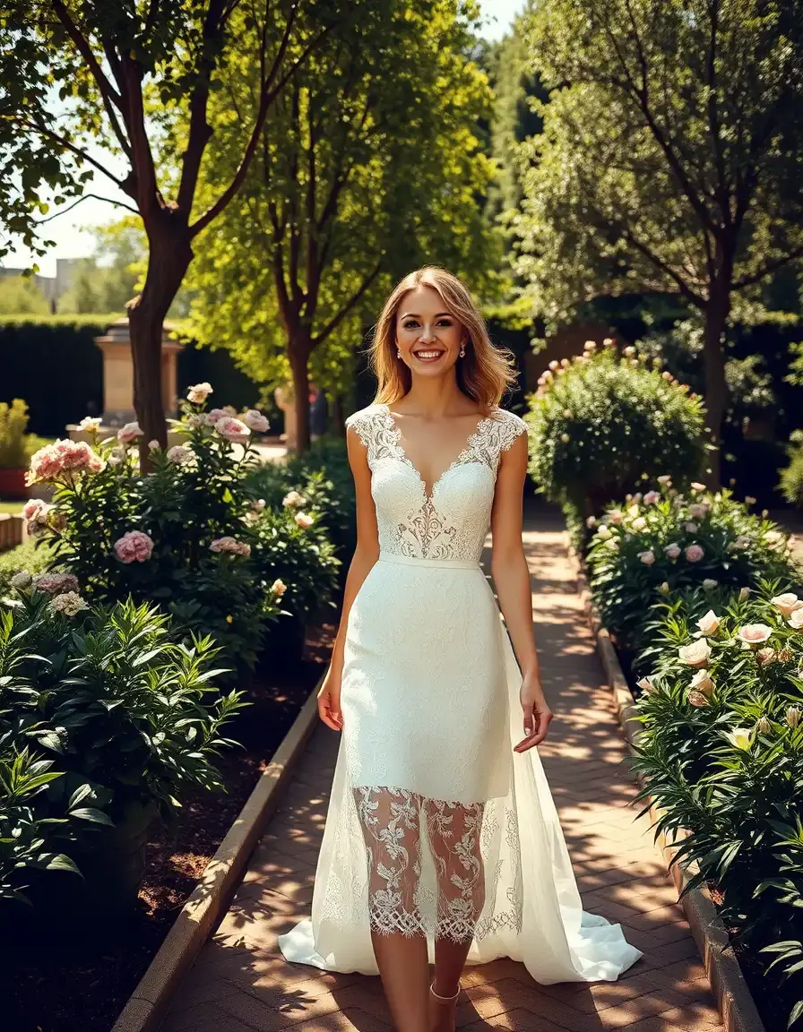Mariée souriante portant une robe de mariée courte en dentelle dans un jardin