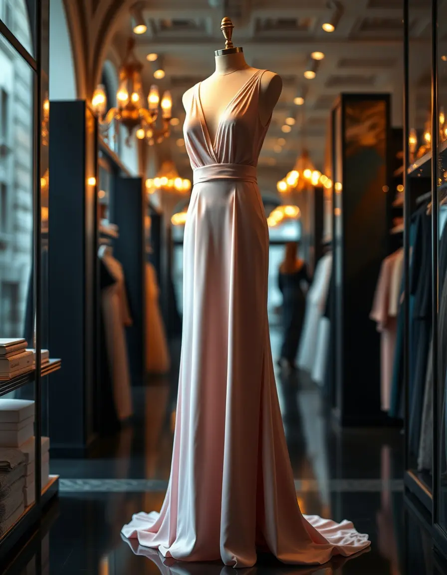 Femme élégante portant une robe de soirée longue scintillante dans un salon luxueux