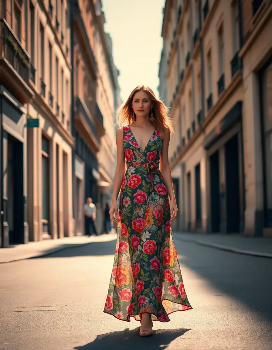 Femme élégante portant une robe fleurie longue dans une rue ensoleillée