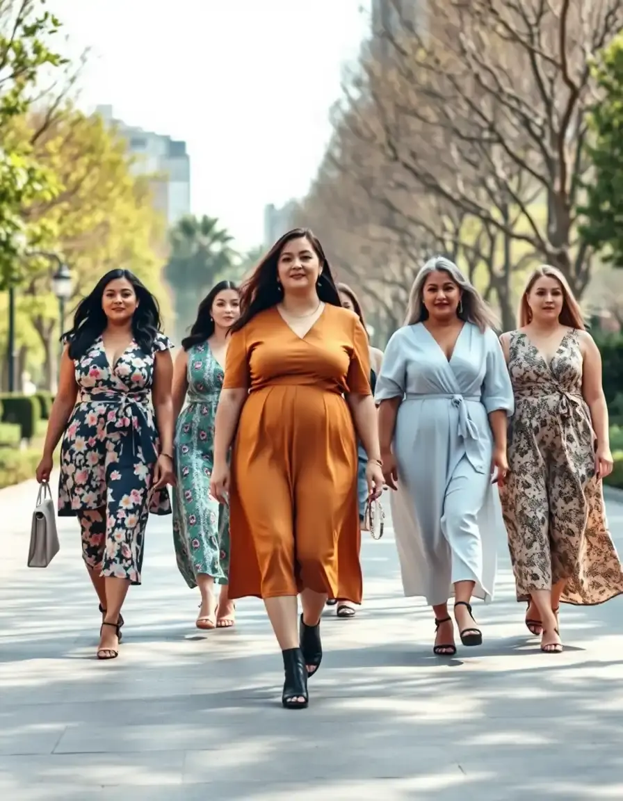 Femmes élégantes portant différentes coupes de robe grande taille dans un parc
