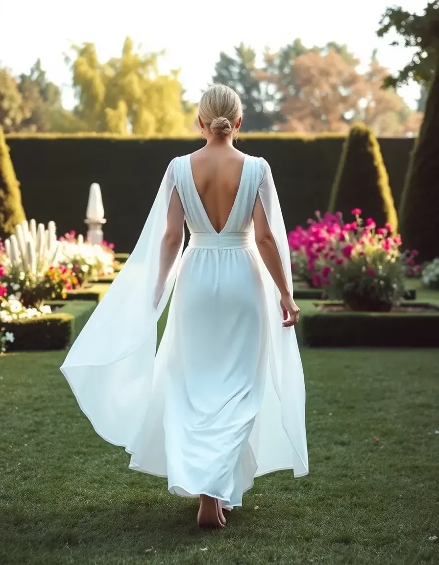 Femme en robe longue blanche vaporeuse dans un jardin ensoleillé