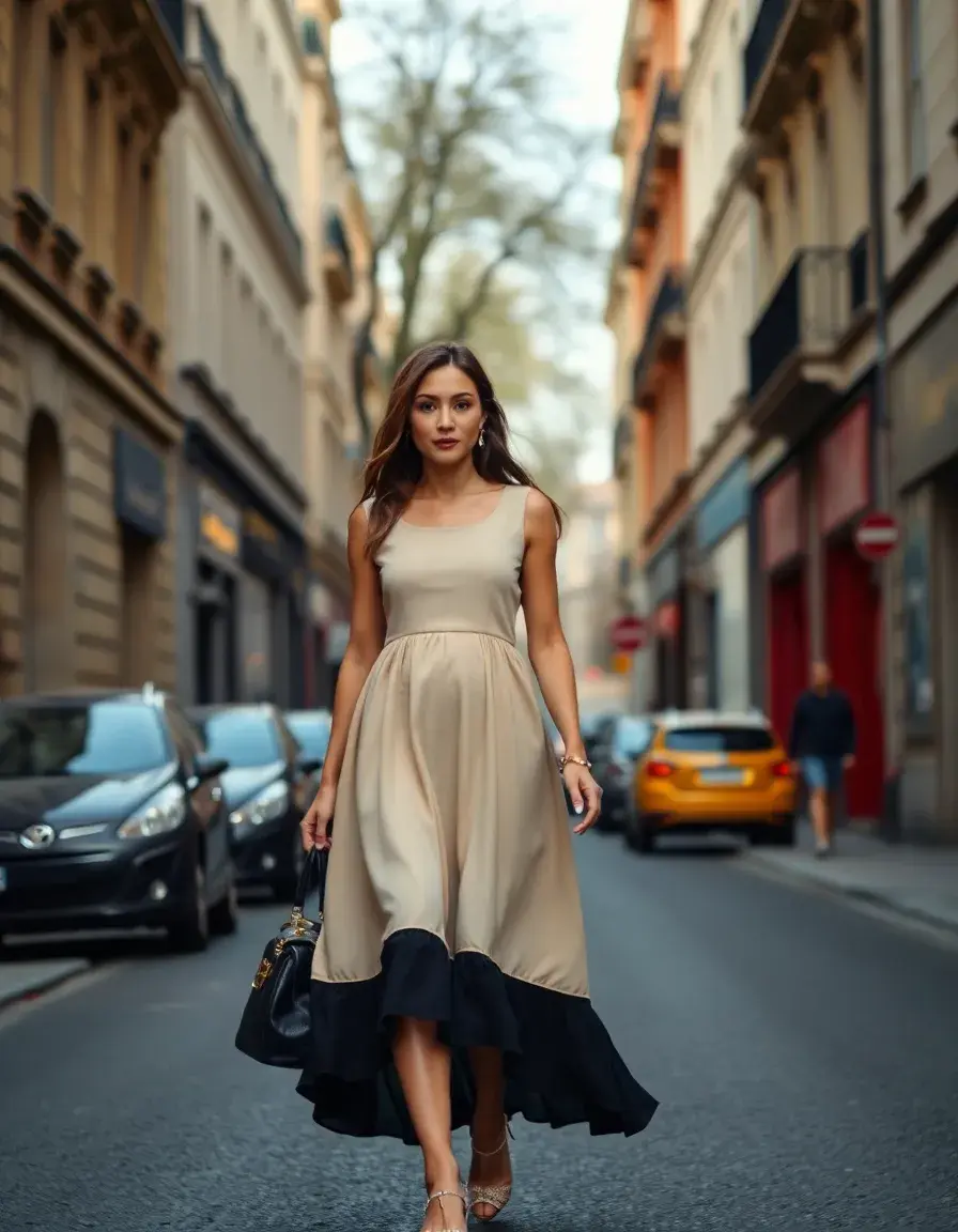 Femme élégante portant une robe trapeze dans une rue ensoleillée