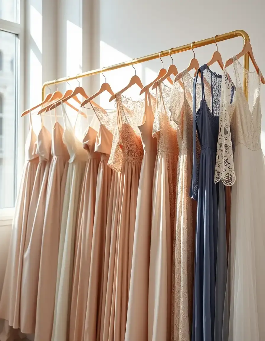 Collection de robes longues élégantes dans une boutique lumineuse.