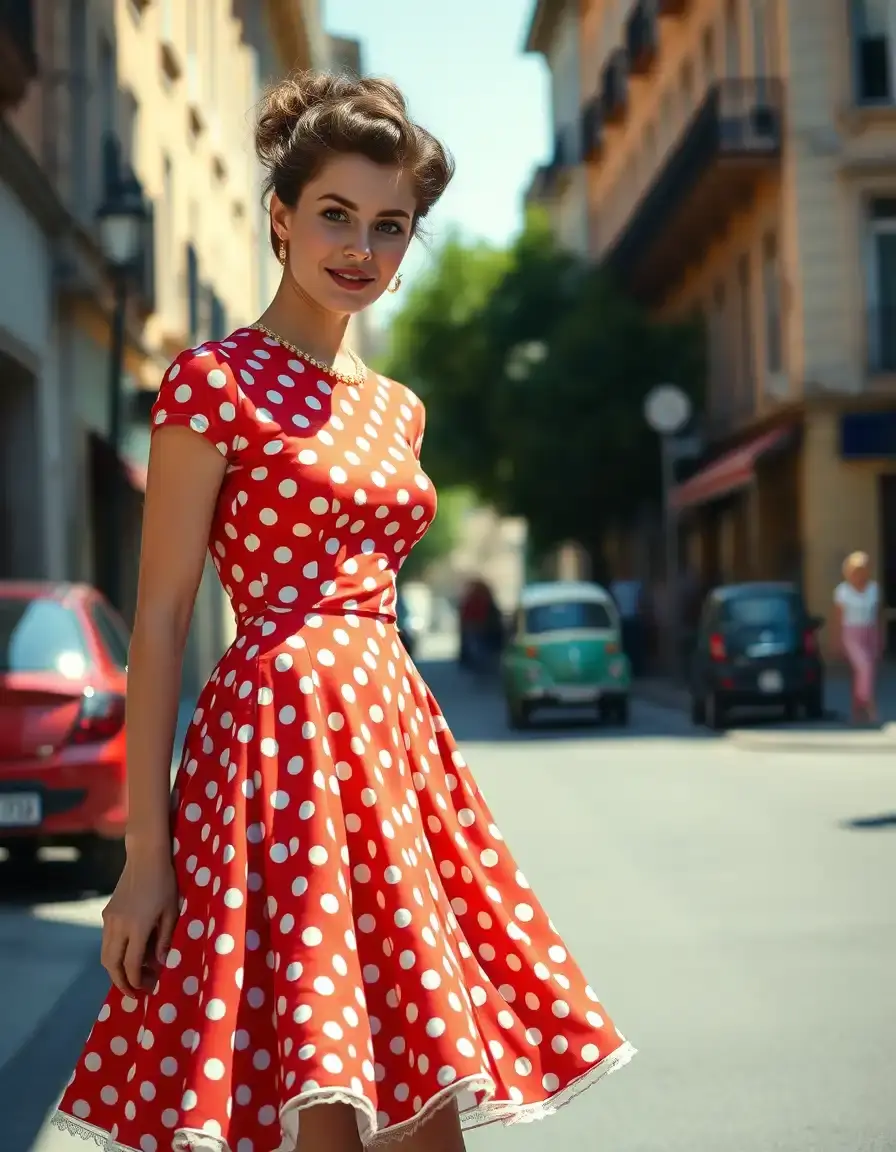 Femme élégante portant une robe année 50 rouge à pois style swing rétro