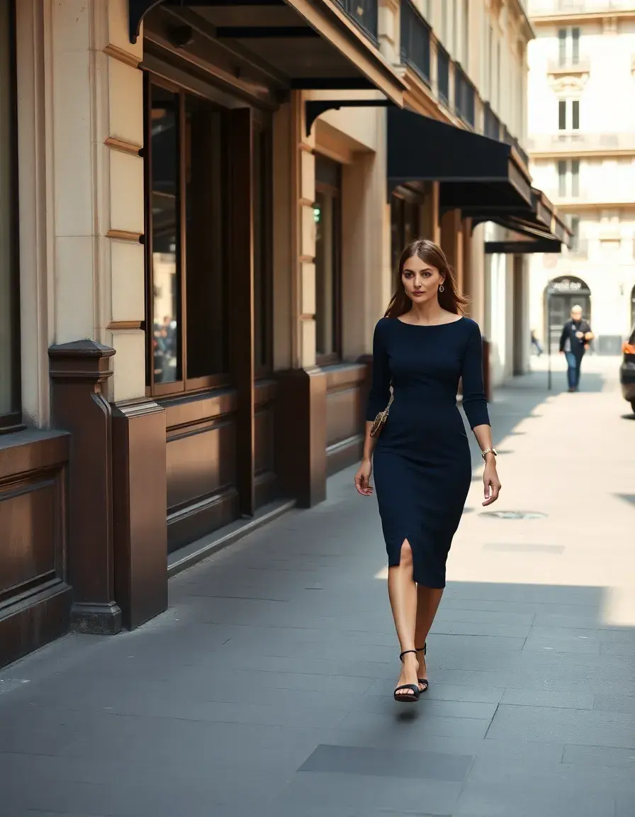 Femme élégante portant une robe bleu marine sophistiquée dans une rue de Paris