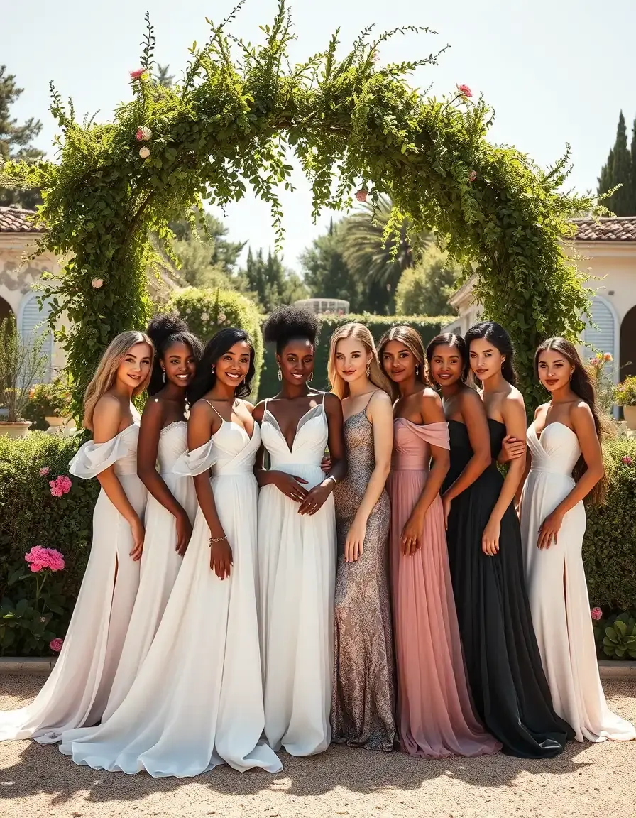 Groupe de femmes élégantes portant différentes robes de cérémonie femme dans un jardin