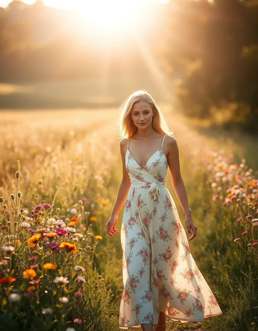 Femme portant une robe champêtre fleurie dans une prairie ensoleillée