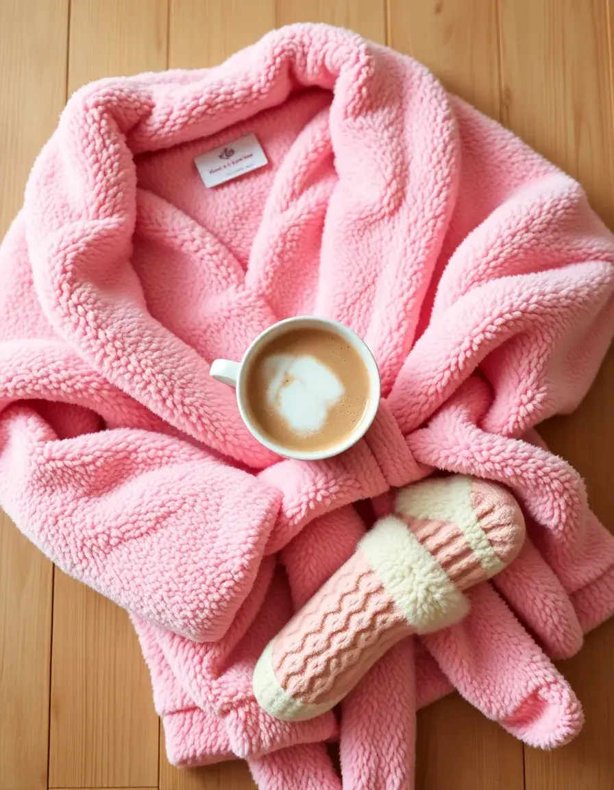 Robe de chambre polaire femme rose posée près d'un chocolat chaud pour une ambiance cocooning