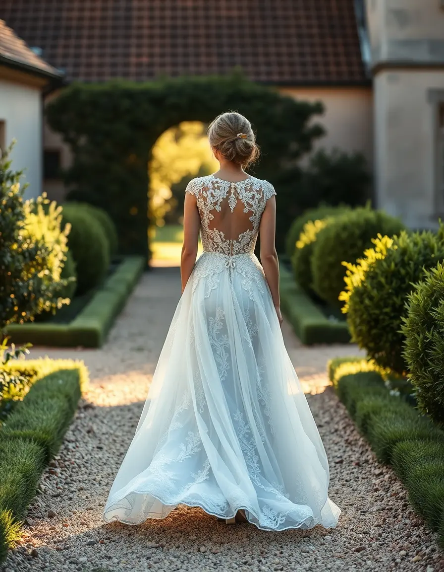 Femme élégante portant une robe de cérémonie femme en dentelle blanche dans un jardin