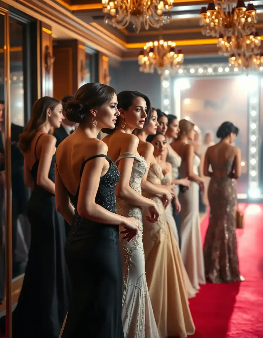 Femmes élégantes portant des robes de gala sur un tapis rouge lors d'un événement prestigieux