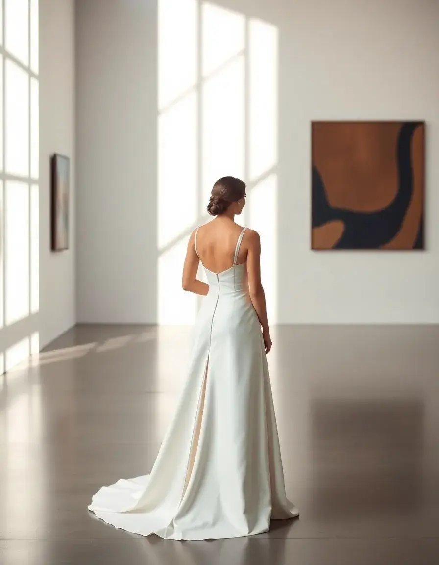 Mariée élégante portant une robe de mariée simple en satin blanc dans un décor lumineux.