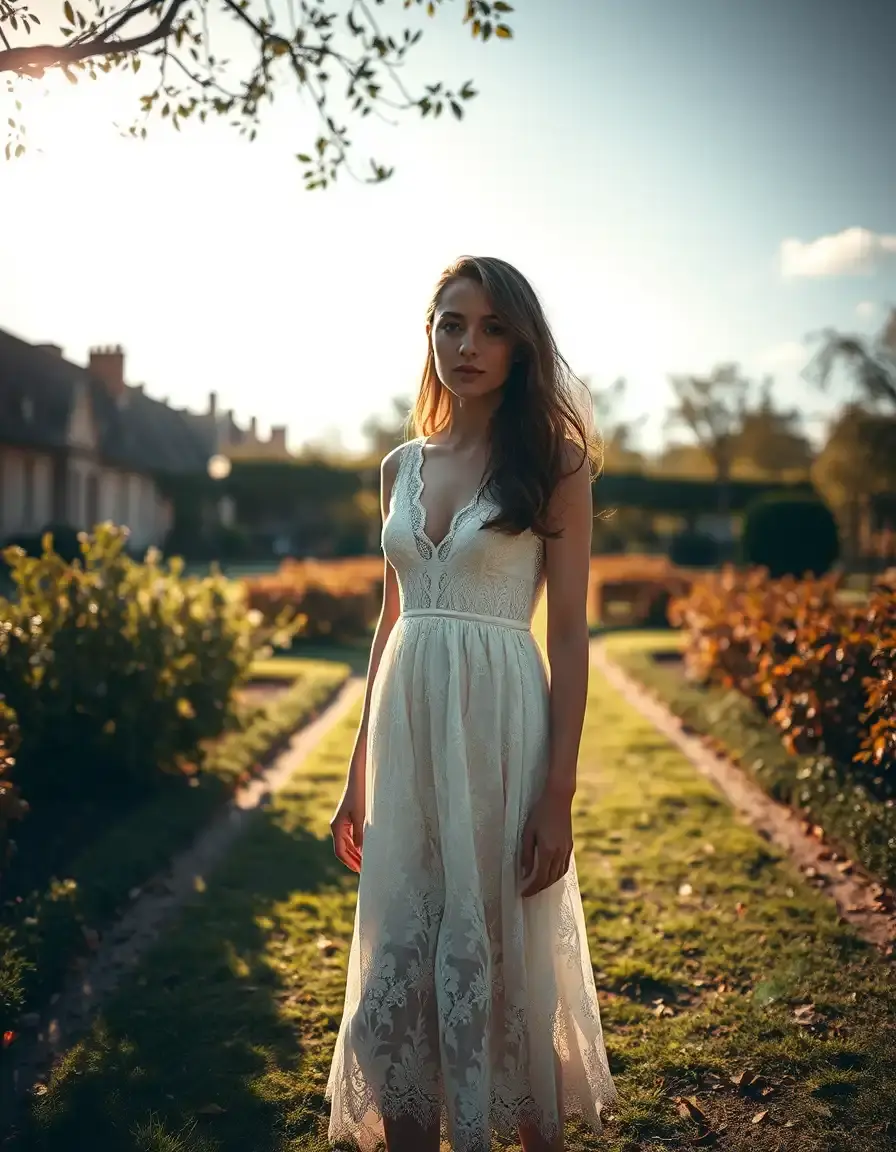 Femme élégante portant une robe dentelle blanche dans un jardin ensoleillé