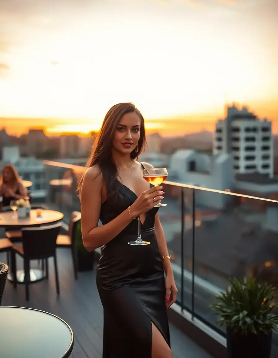 Femme élégante portant une robe de cocktail lors d'une soirée chic en terrasse.