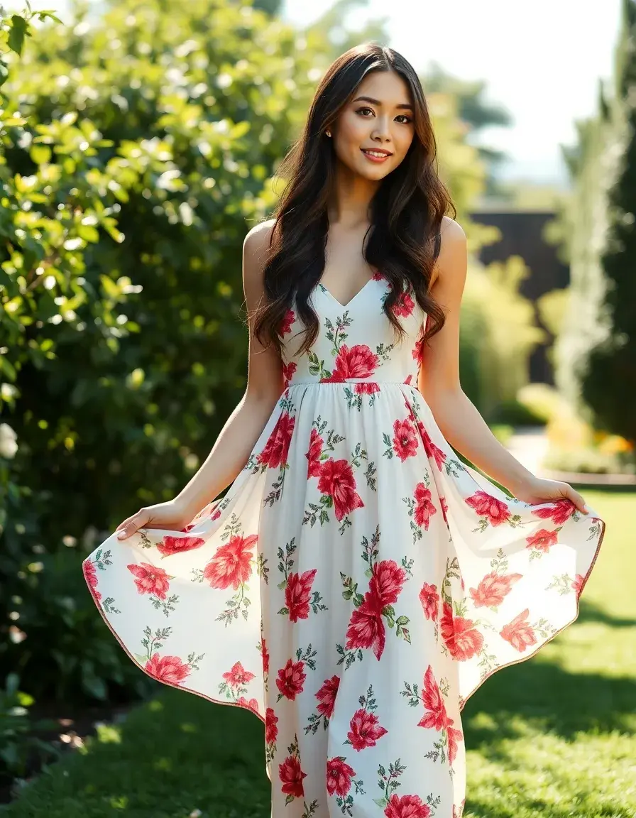 Femme élégante portant une robe empire fleurie dans un jardin ensoleillé