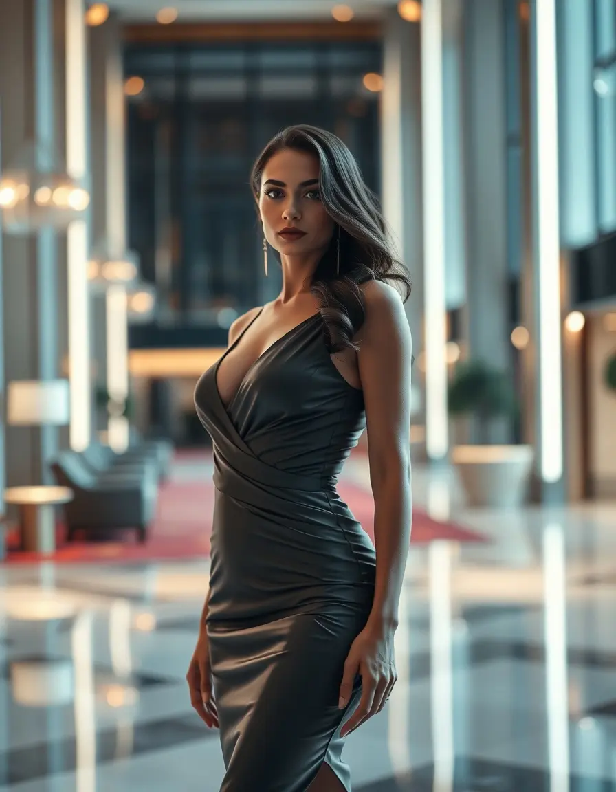 Femme élégante portant une robe femme habillée sophistiquée dans un cadre luxueux