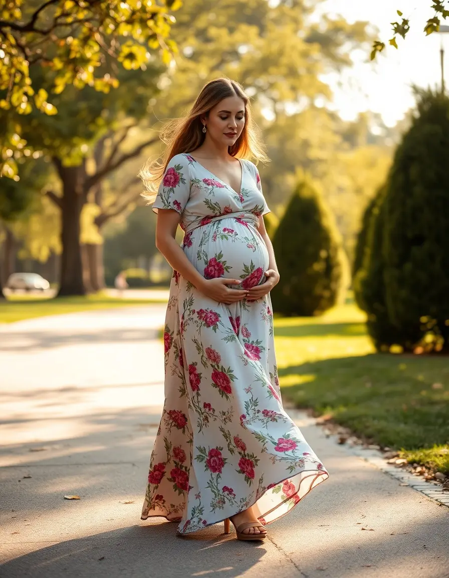 Femme enceinte portant une robe grossesse longue à fleurs dans un parc ensoleillé