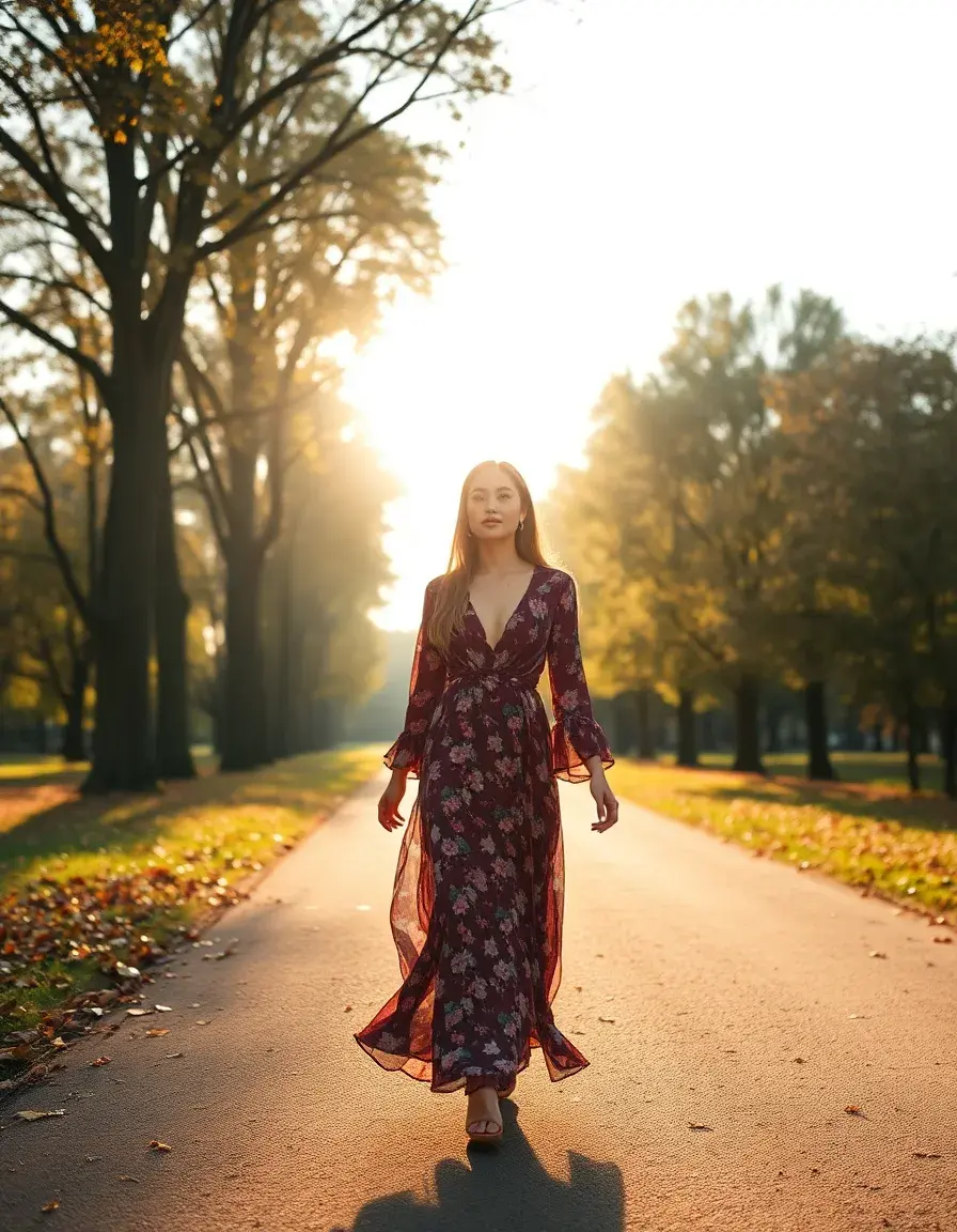 Femme portant une robe longue manche longue fleurie dans un parc ensoleillé