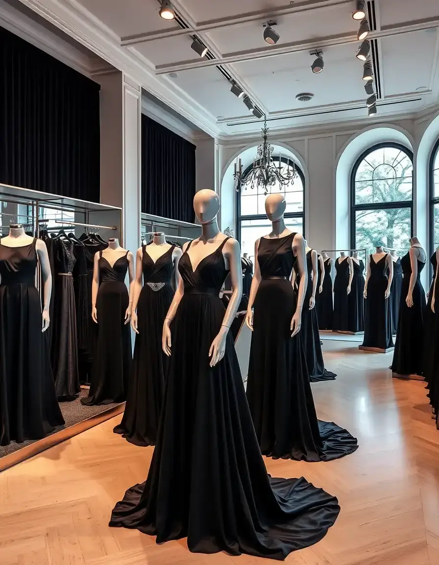 Différents styles de robe longue noire élégante dans une boutique de mode.